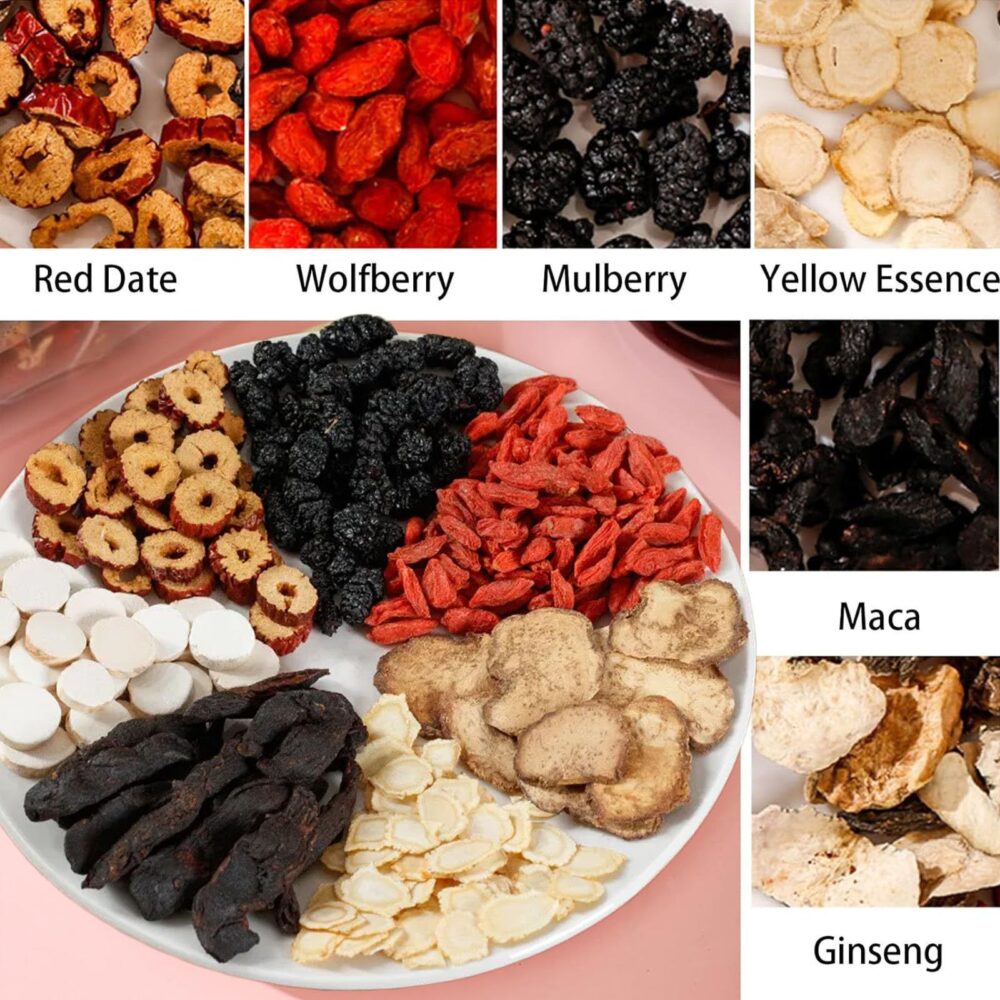 Kidney-tonifying tea formula Ginseng Five Treasures Tea Blended Flower Tea Eight Treasures Tea Red Date and Goji Berry Tea Men's Tea Health Tea Mulberry Herb Formula Health Tea - Image 3