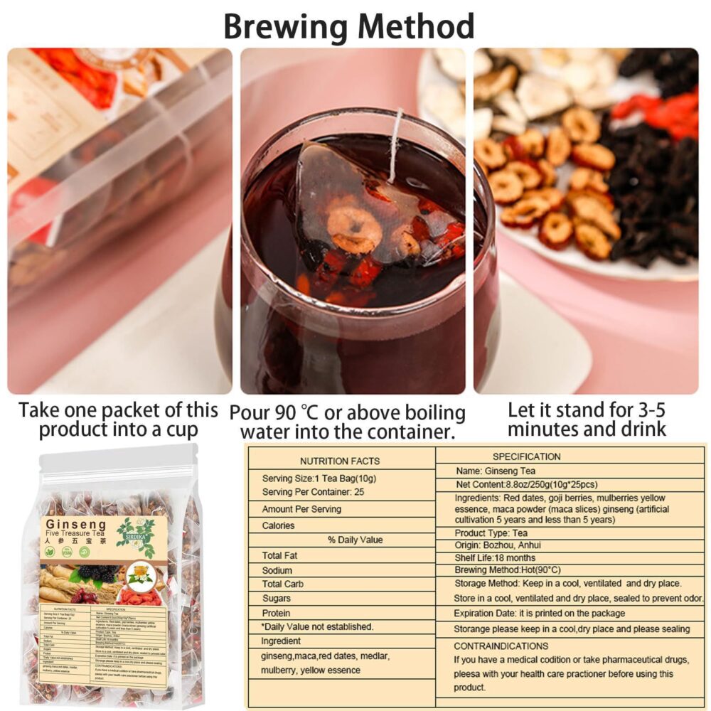 Kidney-tonifying tea formula Ginseng Five Treasures Tea Blended Flower Tea Eight Treasures Tea Red Date and Goji Berry Tea Men's Tea Health Tea Mulberry Herb Formula Health Tea - Image 4